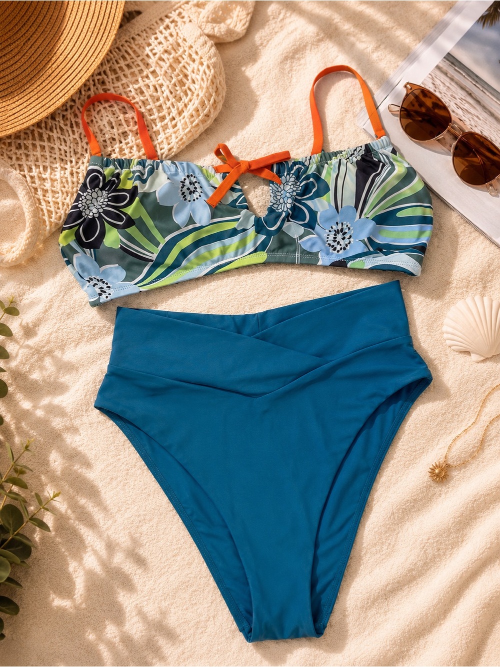 Aerie Floral Bandeau Bikini Top Large & Teal Crossover Bottoms Medium Cheeky